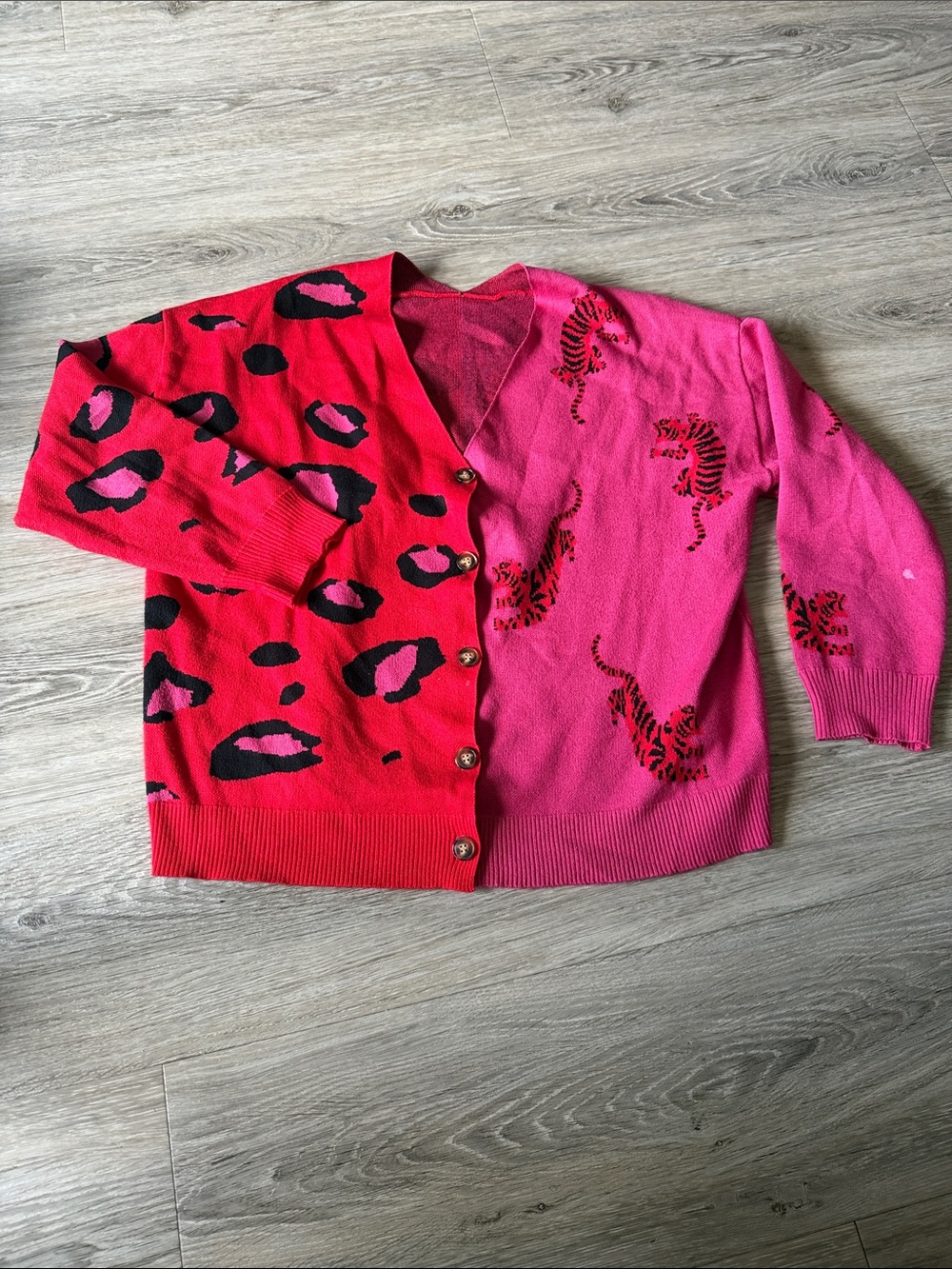 SHEIN Red and Pink Animal Print Button-Up Cardigan